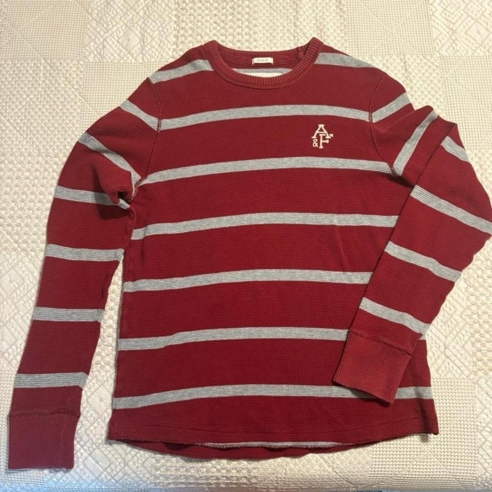 Y2K Abercrombie & Fitch red striped long sleeve embroidered shirt, Large